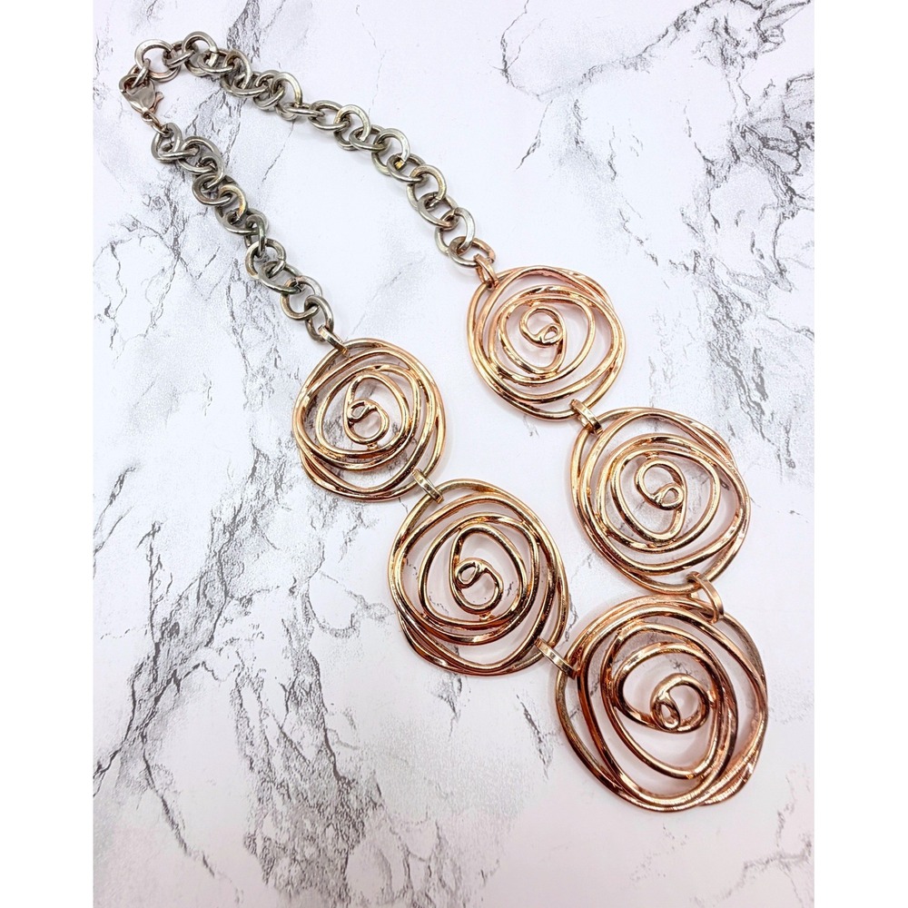 Mixed Metal Rose Gold Spiral Bib Necklace 20" Silver Tone Chunky Statement